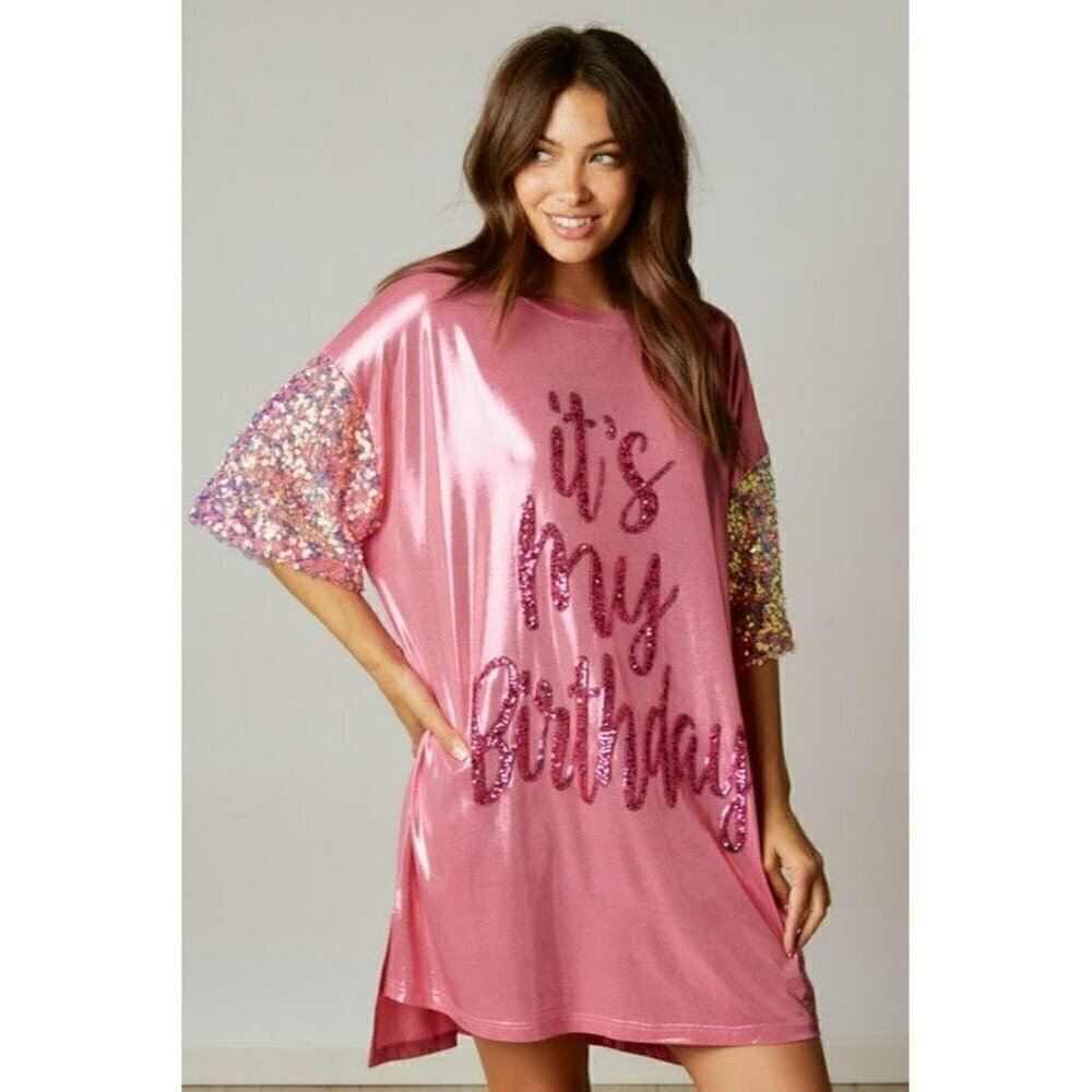 Birthday Queen Foil Sequin Dress in Pink - Picture 3 of 11